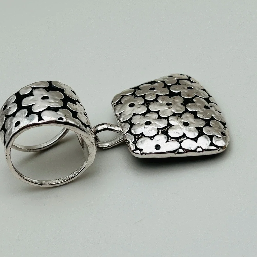 Silver Tone Floral Slide Scarf Enhancer Pendant Hammered Textured Dangle‎
